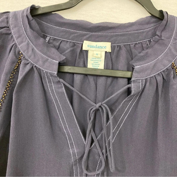 Sundance Navy Purple 100% Silk Tie Front Long Sleeve Top size Small - Picture 3 of 9